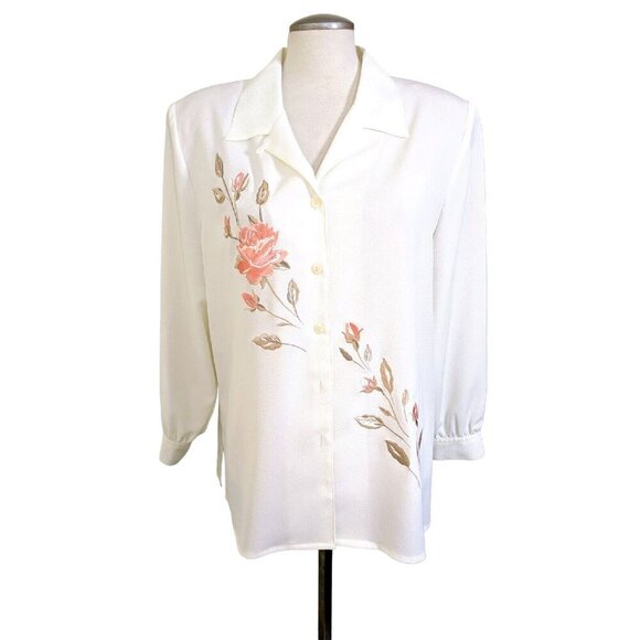 Vintage Button Up Blouse NEW Womens 14 Cream Ivory Embroidered Floral Romantic - Picture 1 of 5